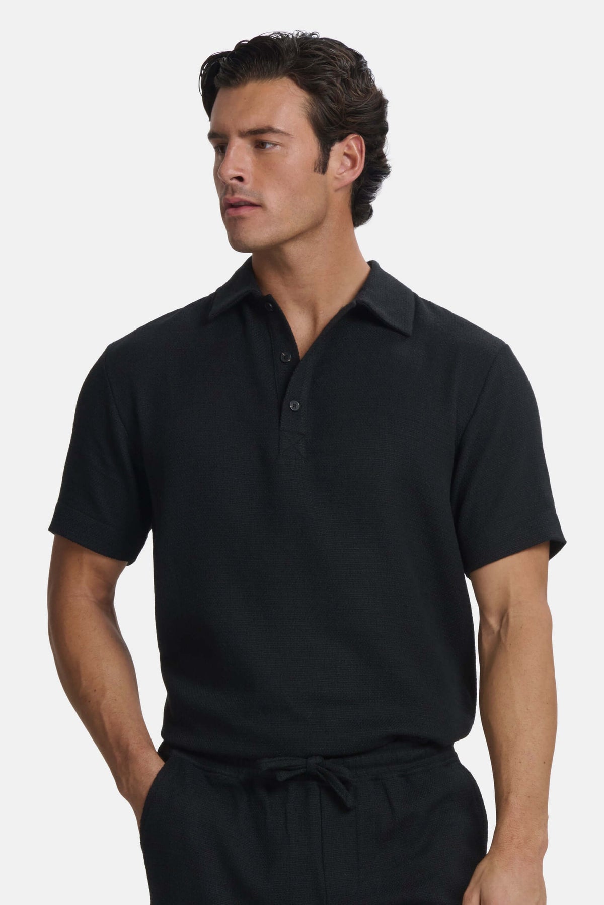 Turin Men's Textured Cotton Polo Shirt – Vertical Structured Fabric, Regular Fit, Everyday Smart Casual | Black, Oat Milk