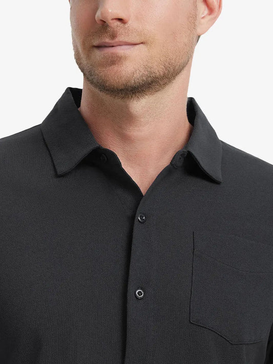 Men's Cotton Blend Pique Button-Up Shirt – Breathable Mesh, Chest Pocket, Reflective Back Pleats | UPF 30+