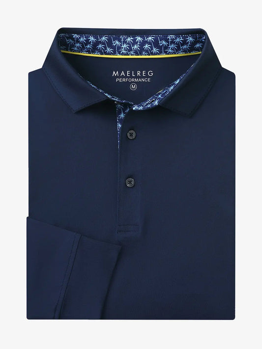Men's Long Sleeve Solid Jersey Golf Polo – Quick-Dry Four-Way Stretch, Contrast Collar Print