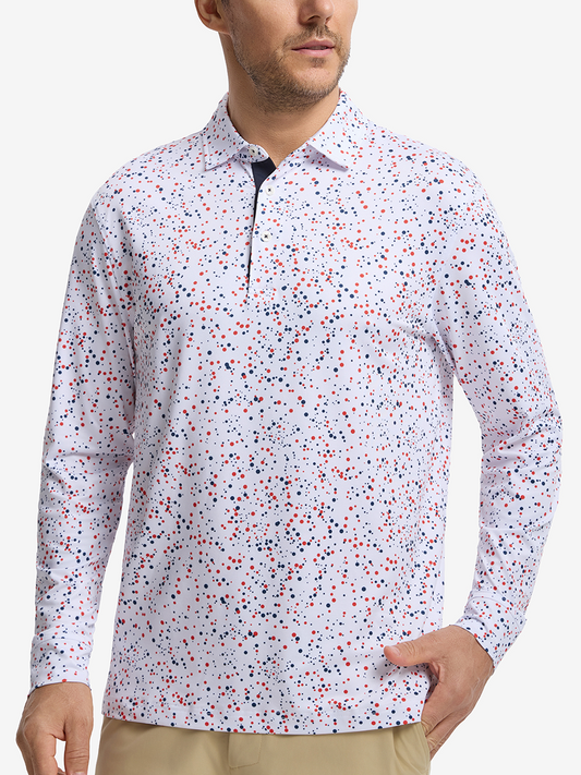 Men's Printed Long Sleeve Golf Polo Shirt – Quick-Dry Stretch, Contrast Placket | 6 Print Designs