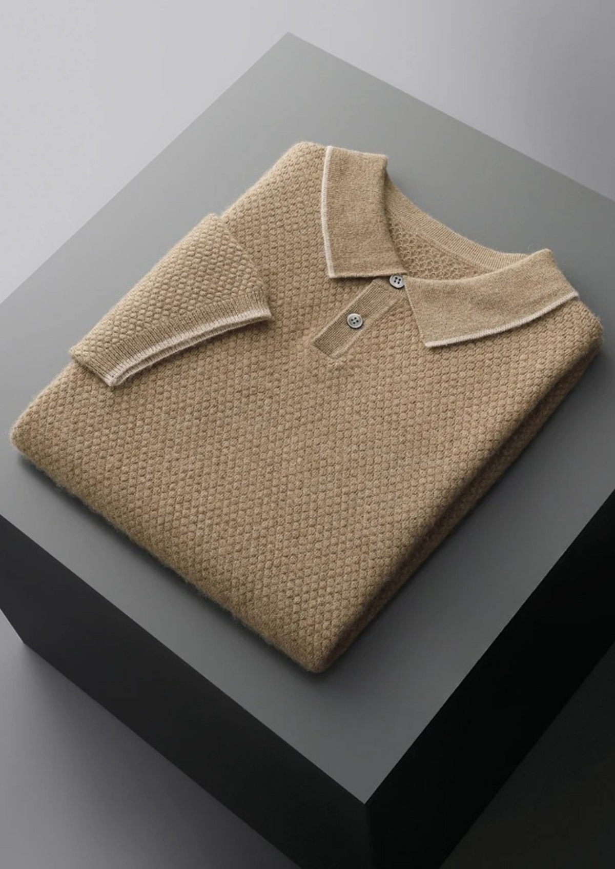 Men's Merino Cashmere Two-Tone Knit Polo in Beige – view 5