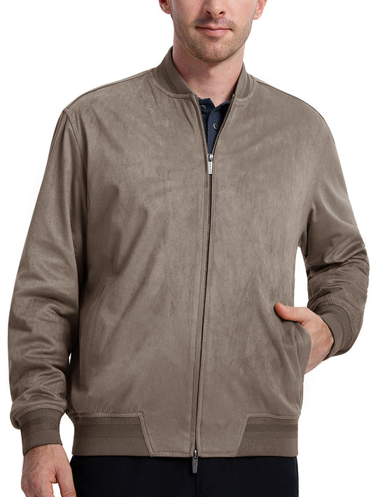 Men's Micro Suede Bomber Jacket – Jacquard Rib Trim, Stretch and Wind-Resistant, Fully Lined, Medium Weight