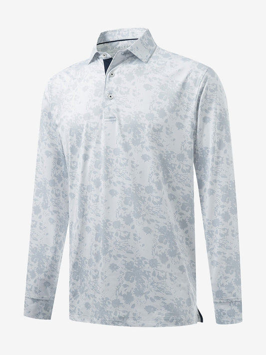 Men's Printed Long Sleeve Golf Polo Shirt – Quick-Dry Stretch, Contrast Placket | 12 Print Designs
