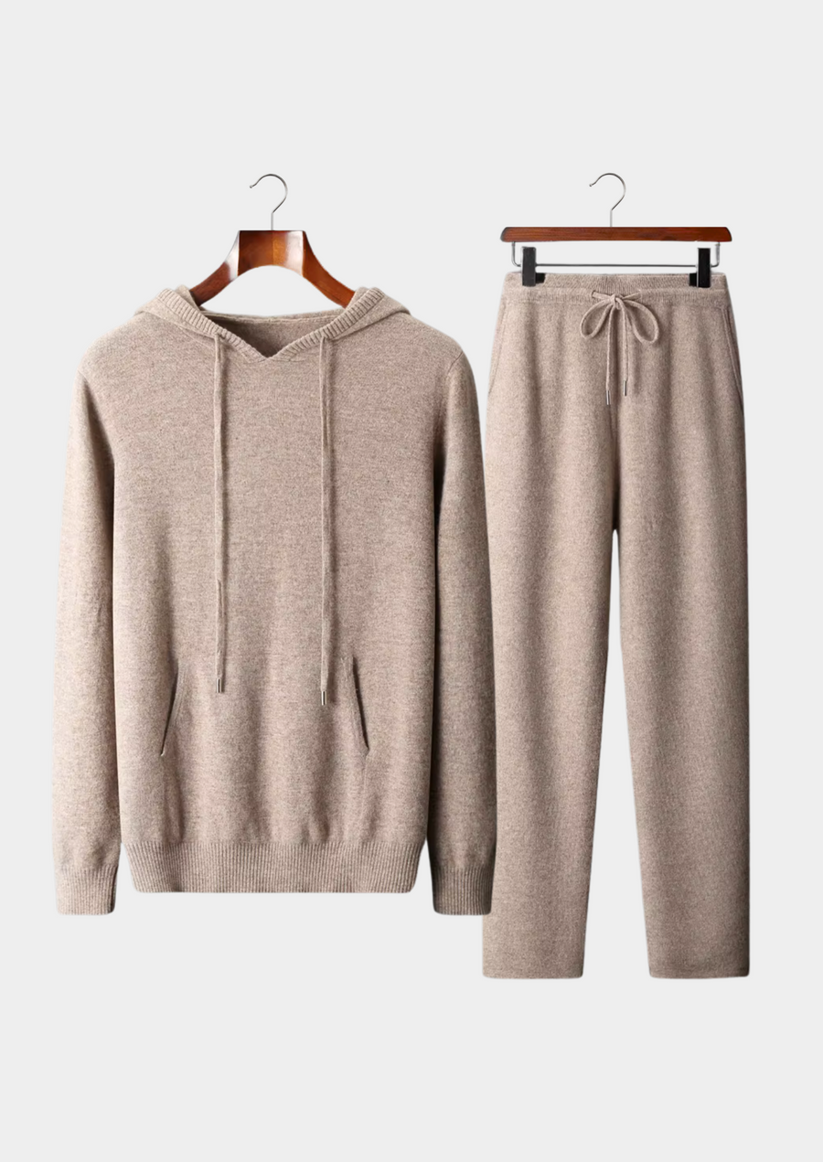 Savro Men's Extra-Fine Merino Wool Matching Set – Soft Knit Top & Trousers, Two-Piece Leisure Co-Ord | Beige