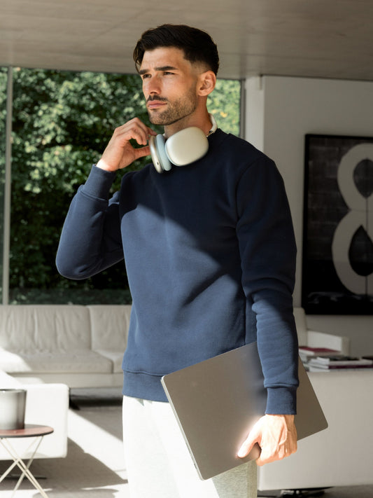 Men's Cotton Blend Crew Neck Jumper in True Navy – view 2