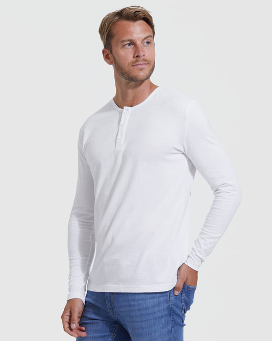 Men's Long Sleeve Henley 3-Pack – Ringspun Cotton Blend, Button Placket | White