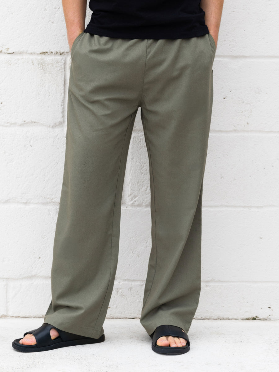 Freddie Men's Relaxed Linen Blend Trousers – Drawstring Waist, Soft Lightweight Fabric | Khaki