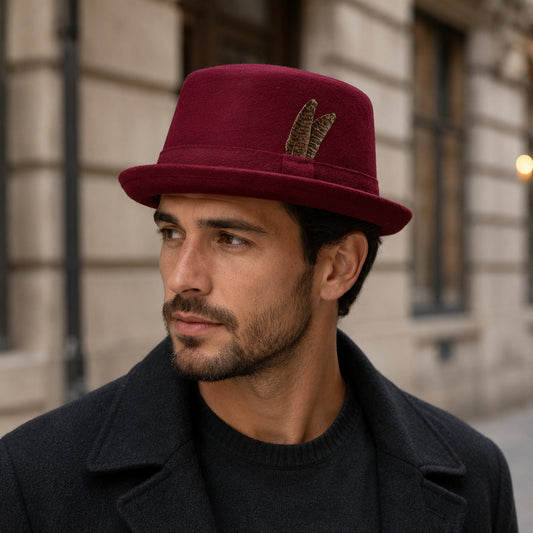 Men's Wool Blend Pork Pie Hat – Short Upturned Brim, Structured Crown with Feather Accent