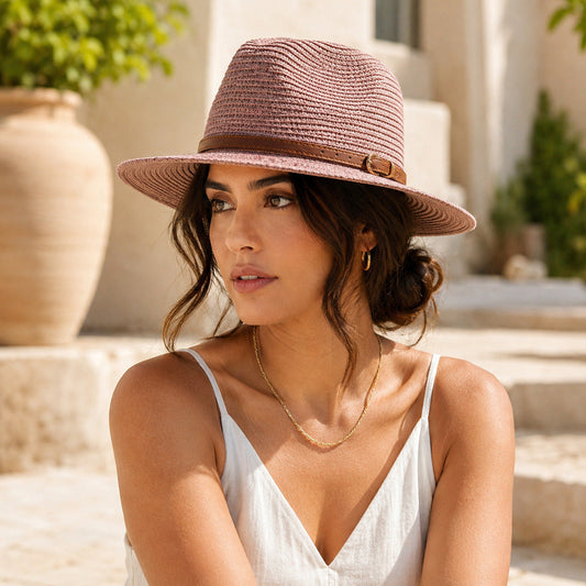 Men's Straw Panama Hat with Slim Leather Buckle Band – Wide Brim, Breathable, Eight Colours, 56–60 cm