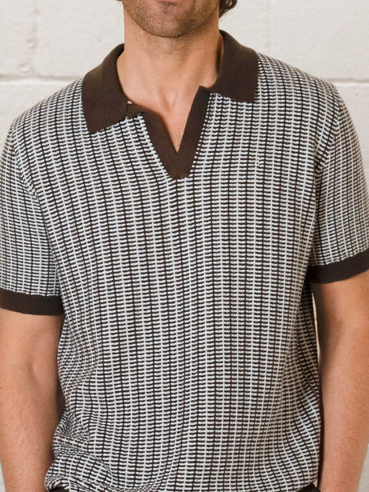 Conrad Knitted Stripe Polo Shirt - Dark Brown by SATRI & CO. – product view 2