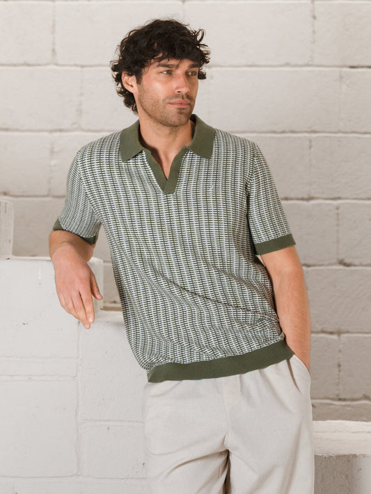 Conrad Knitted Stripe Polo Shirt - Green by SATRI & CO. – product view 2