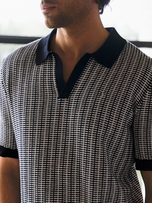 Conrad Knitted Stripe Polo Shirt - Navy by SATRI & CO. – product view 2