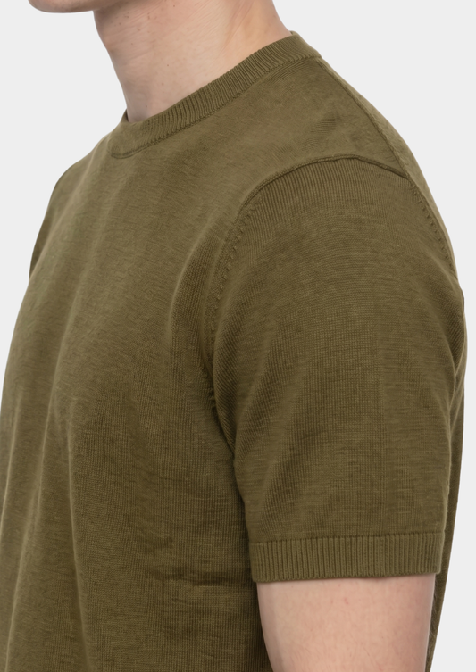 Essential Olive Knitted Crew Neck T-Shirt by SATRI & CO. – product view 2