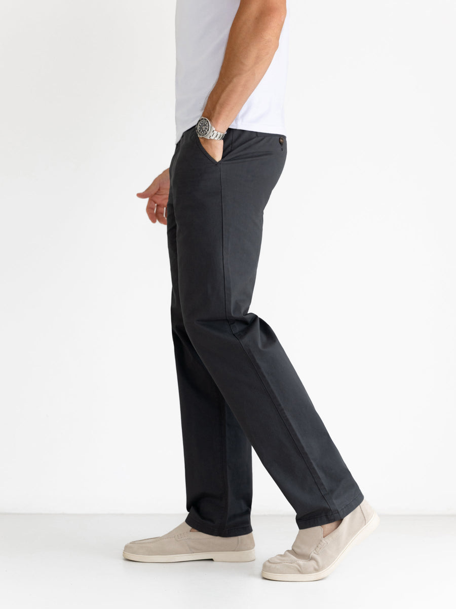Men's Laid-Back Everyday Chinos for Travel and Downtime – Relaxed Wide Leg, Stretch Cotton Blend, Belt Loops, Four Pockets | Graphite