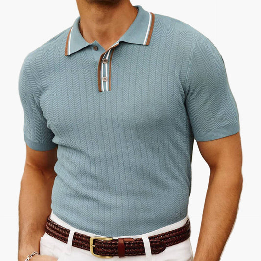 Amalfi Men's Herringbone Knit Polo Shirt – Contrast Collar and Placket Piping, Tailored Fit