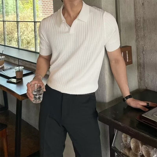 Men's Ribbed Cotton Blend V-Neck Polo Shirt – Collared V-Neck, Vertical Ribbing, Classic Fit