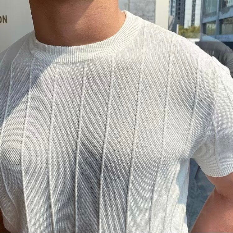 Men's Striped Knitted T-Shirt – Soft Breathable Knit Fabric, Solid Base with Subtle Stripes, Short Sleeve