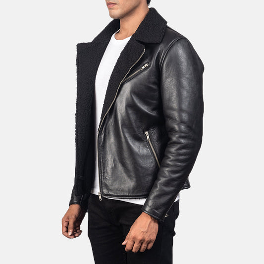 Alberto Men's Sheepskin Leather Jacket – Faux Shearling Lining, Notch Collar, Zip Cuffs | Black