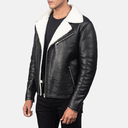 Alberto Men's Sheepskin Leather Jacket – White Faux Shearling Lining, Notch Collar, Zip Cuffs | Black