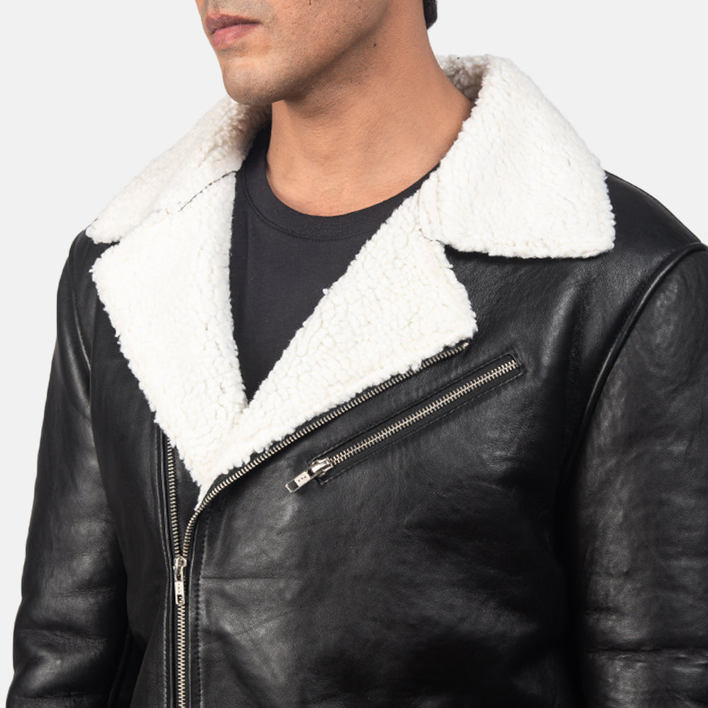 Alberto Men's Sheepskin Leather Jacket – White Faux Shearling Lining, Notch Collar, Zip Cuffs | Black