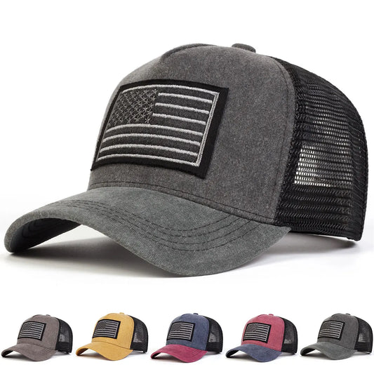 American Flag Men's Summer Trucker Baseball Cap – Flag Patch Front, Cotton and Acrylic Mesh, Adjustable Fit