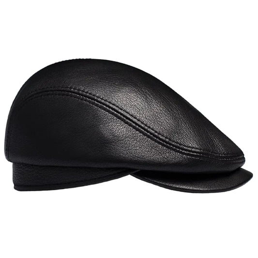 Atlanta Men's Genuine Leather Flat Cap with Earflaps – Sheepskin, Soft Lining, Three Sizes | Black