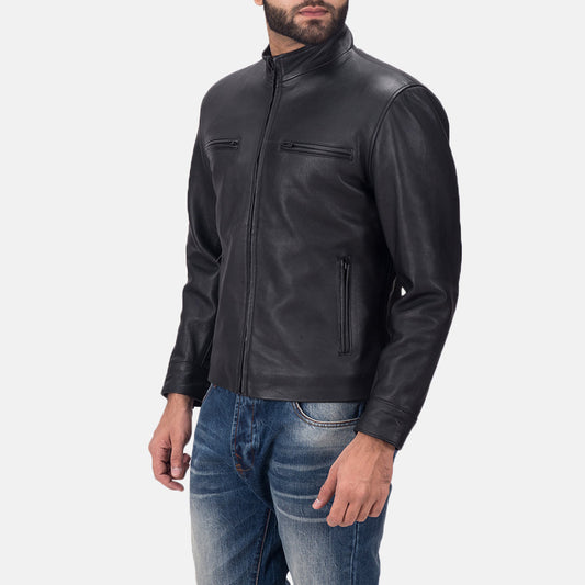 Men's Matte Calfskin Leather Biker Jacket – High Neck Collar, Button Cuffs, Four Outside Pockets | Black