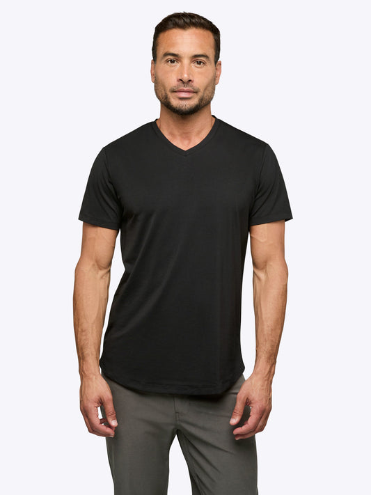 Men's V-Neck Curved Hem T-Shirt – Tailored Fit, Soft Durable Fabric, Reduced Waist Bunching | Black