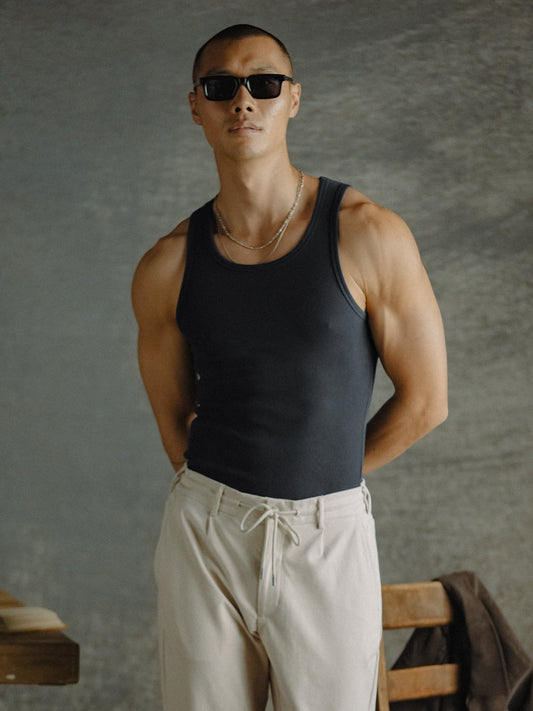 Men's Fitted Rib Knit Tank Top – Soft Stretch Sleeveless Vest, Modern Fitted Silhouette for Layering | Black