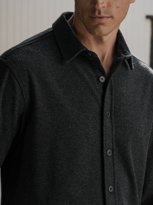 Men's Soft Knit Button-Up Shirt – Natural Stretch, Warm Overshirt Layer, Long Sleeve, Tailored Fit | Black