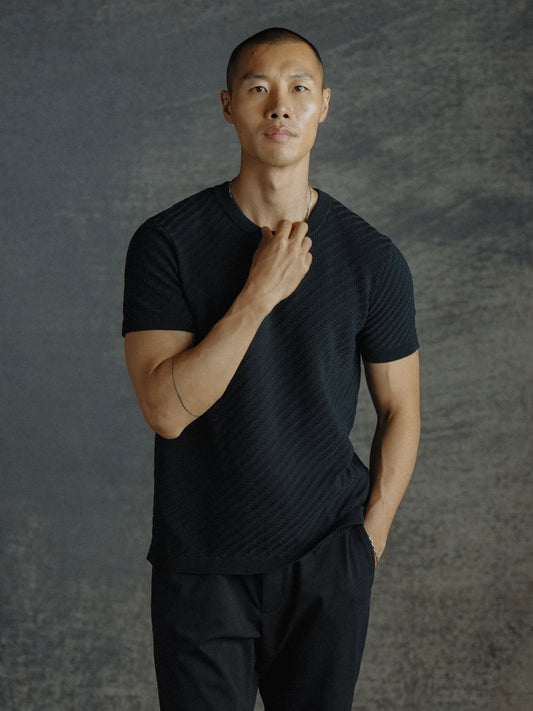 Riviera Men's Textured Knit T-Shirt – Lightweight Breathable Knit, Classic Crew Neck | Black