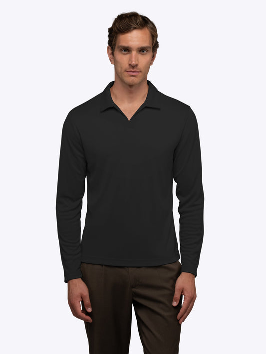 Men's Ribbed Knit Long Sleeve Polo – Open V Neckline, Breathable Stretch, Straight Hem, Tailored Fit | Black