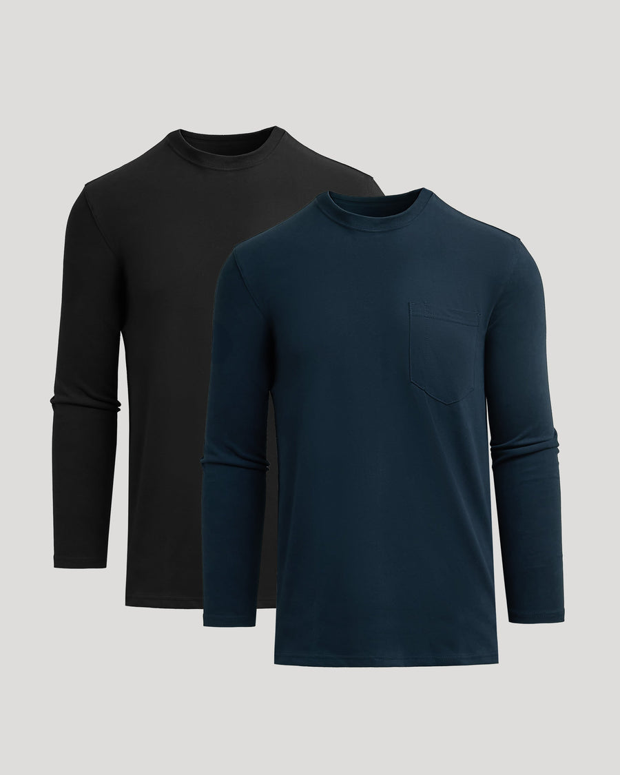 Men's Tall Heavyweight Long Sleeve Pocket Tee 2-Pack – Extra Length, Cotton Blend | Black & Navy