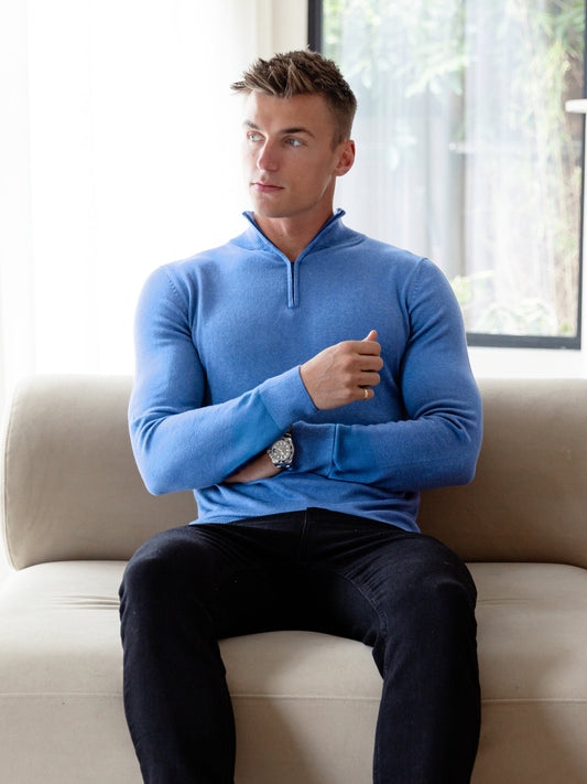 Oxbridge Men's Slim Fit Quarter Zip Jumper in Blue – view 2