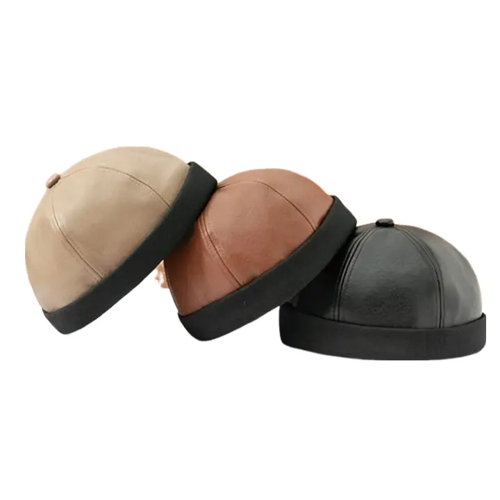 Bottineau Men's Vegan Leather and Cotton Docker Cap – Brimless Shape, Close Fit, Adjustable Size