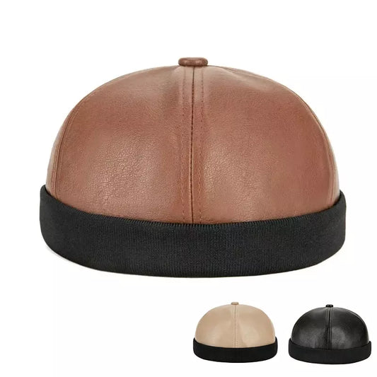 Bottineau Men's Vegan Leather and Cotton Docker Cap – Brimless Shape, Close Fit, Adjustable Size
