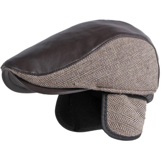 Bristol Men's Herringbone Flat Cap with Earflaps – Leather and Cotton, Folding Earflaps, Two Sizes