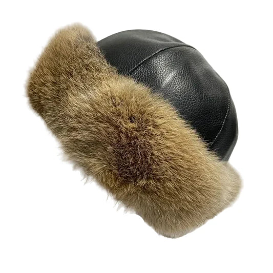 Burlington Men's Rabbit Fur and Vegan Leather Docker Cap – Soft Inner Lining, Cold Protection, Adjustable Fit