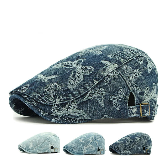 Butterflies Men's Denim Flat Cap – Organic Cotton and Acrylic Denim, Butterfly Pattern, Adjustable 54–60 cm