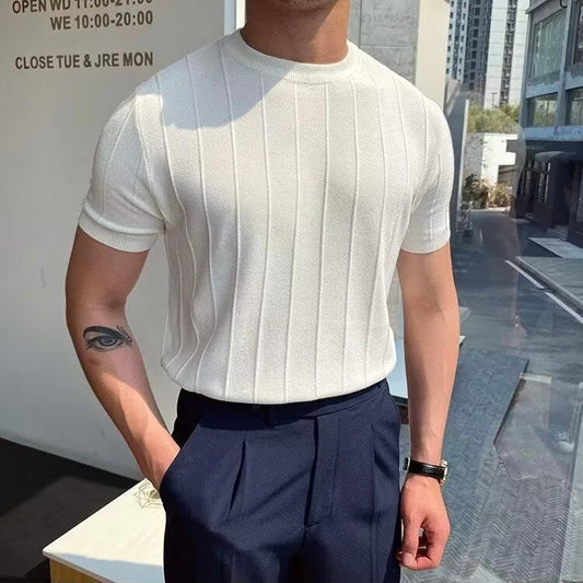 Men's Striped Knitted T-Shirt – Soft Breathable Knit Fabric, Solid Base with Subtle Stripes, Short Sleeve