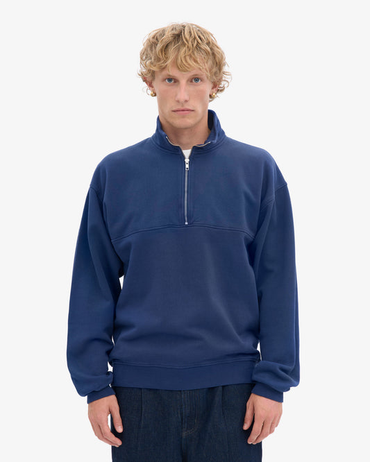 Men's Oversized Organic Cotton Quarter Zip Jumper in Marine Blue – view 2