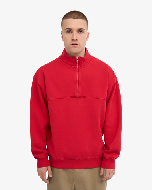 Men's Oversized Organic Cotton Quarter Zip Jumper in Scarlet Red – view 2