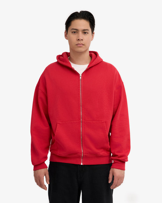 Men's Organic Cotton Oversized Zip Hoodie – Full-Zip Front, Garment-Dyed, Relaxed Fit | Scarlet Red