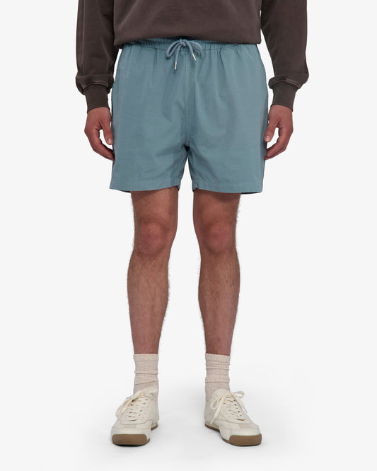 Men's Organic Cotton Twill Shorts – Garment Dyed, Adjustable Elasticated Waistband, Tailored Fit | Steel Blue