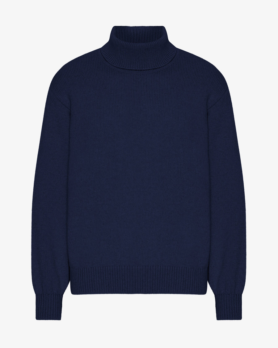 Men's Recycled Merino Wool Turtleneck Jumper – Ribbed Texture, High Neck, Relaxed Fit | Marine Blue