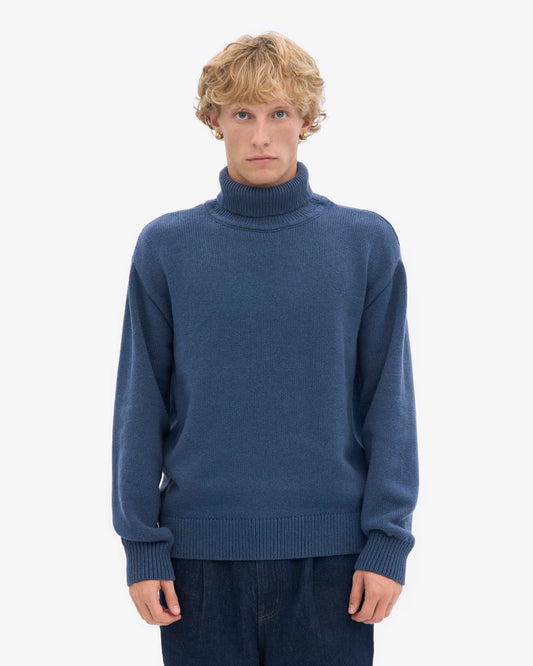 Men's Recycled Merino Wool Turtleneck Jumper in Petrol Blue – view 2