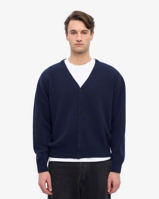 Men's Merino Wool V-Neck Cardigan – Recycled Merino, Button-Down Front, Soft Breathable Knit | Navy Blue