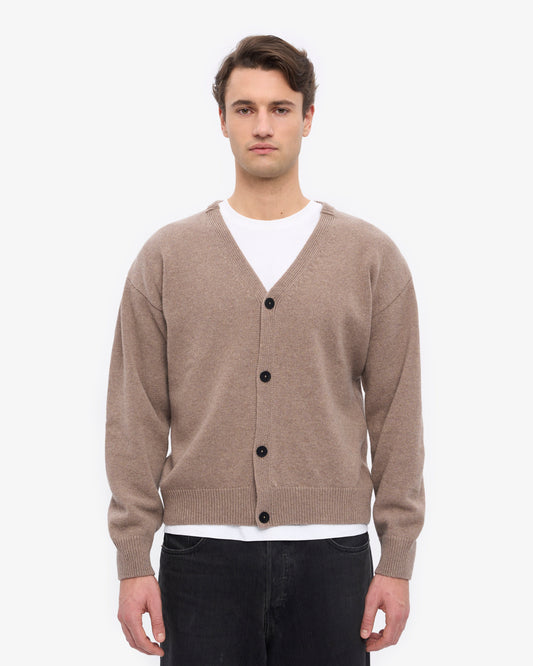 Men's Merino Wool V-Neck Cardigan – Recycled Merino, Button-Down Front, Soft Breathable Knit | Warm Taupe