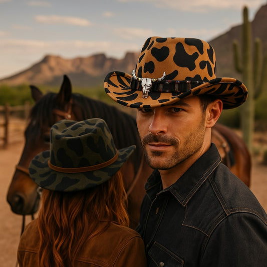 Men's Cow Print Cowboy Hat with Bull Badge – Cotton and Polyester Blend, 7 cm Brim, 12 cm Crown, 55–59 cm