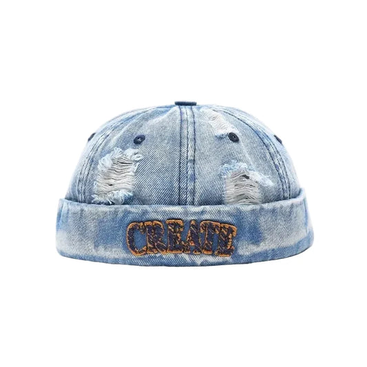 Create Men's Distressed Denim Docker Cap – Organic Cotton Denim, Inner Sweatband, Adjustable Fit